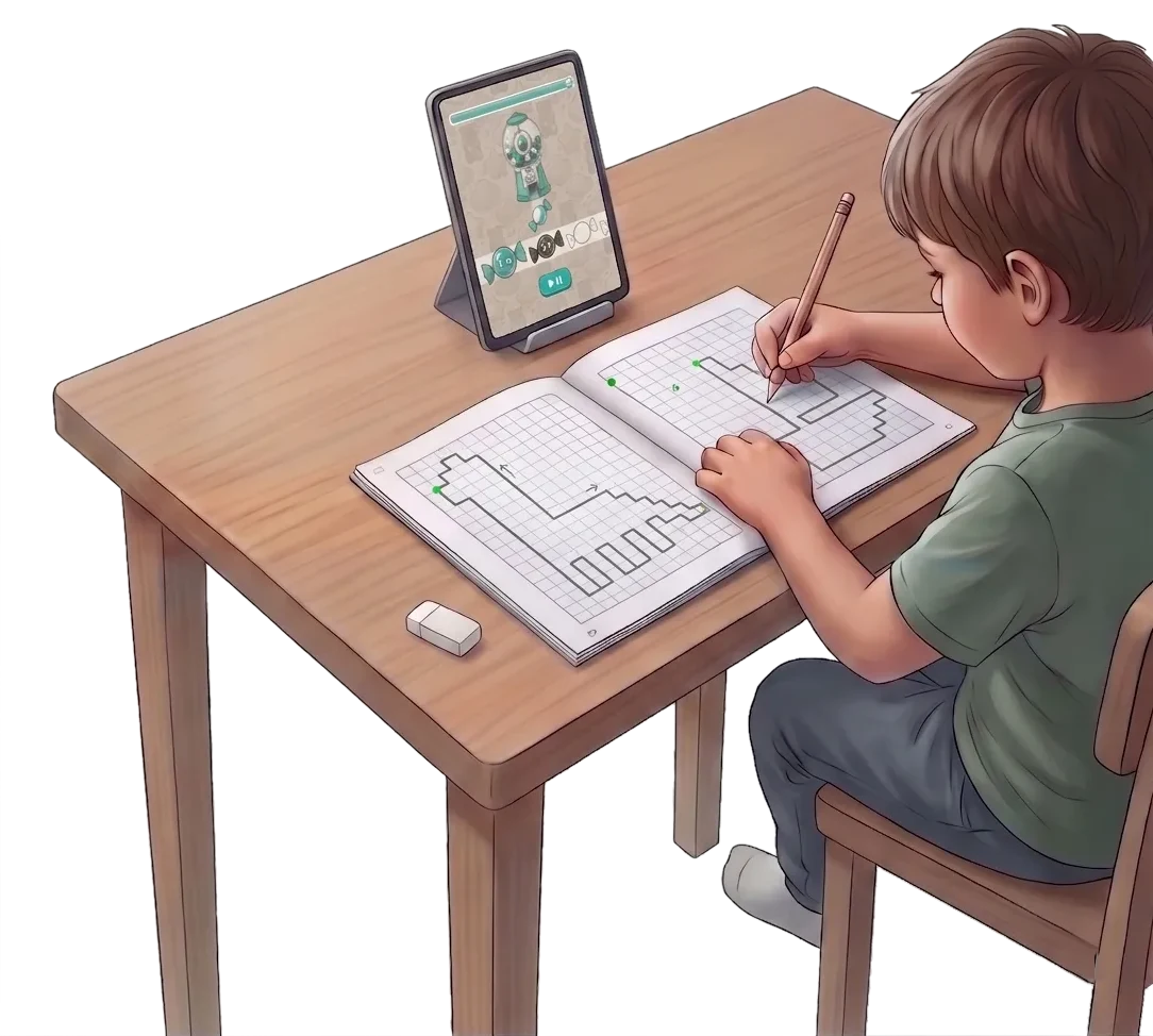 A child leaning over a squared notebook with a pencil, drawing by squares, a tablet on a stand beside them